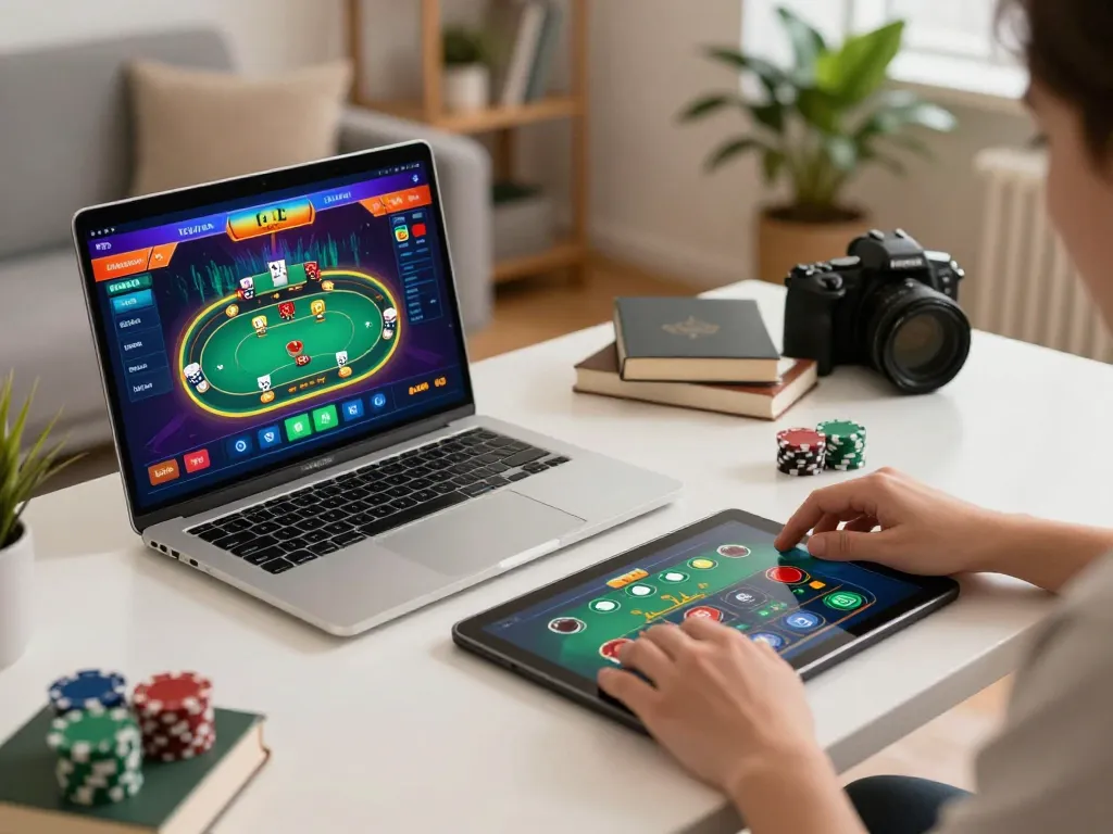 Engage in ดูหนังออนไลน์ with an immersive online gaming setup showing poker action on laptop.