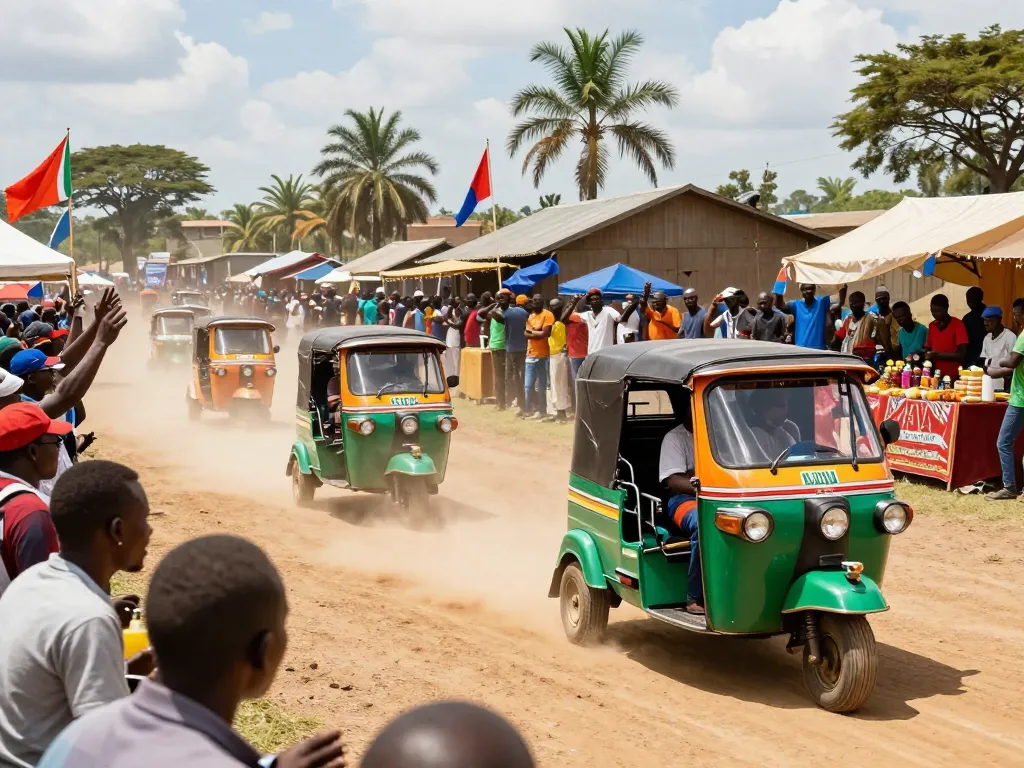 Tuk tuk racing Kenya event showcasing vibrant colors and community excitement.