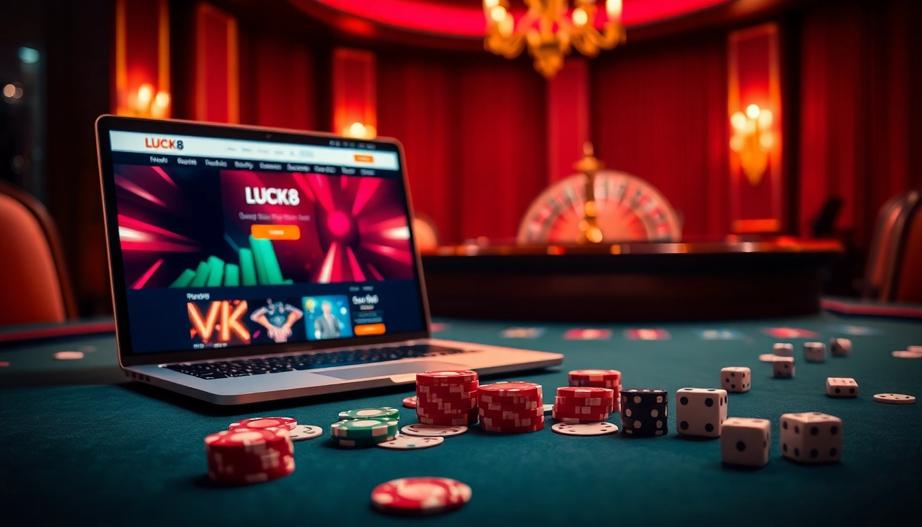 LUCK8 offers an elite online gambling experience with vibrant casino elements like poker cards and chips.