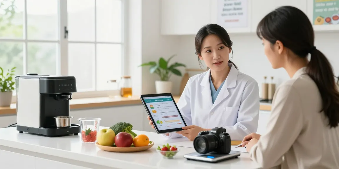 Nutritionist demonstrating the best nutrition app with fresh ingredients in a bright kitchen.