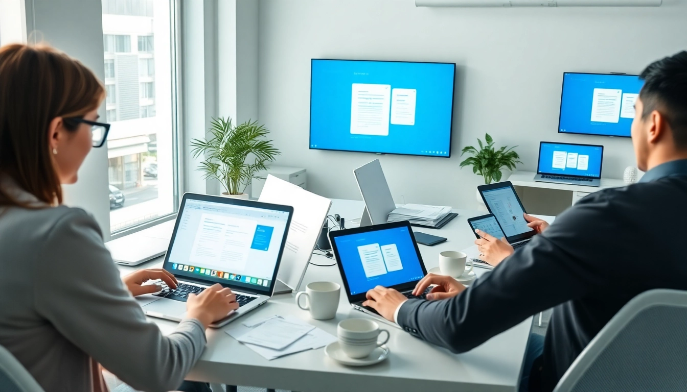 Efficient office scene using WPS官网 software, showcasing professionals collaborating.