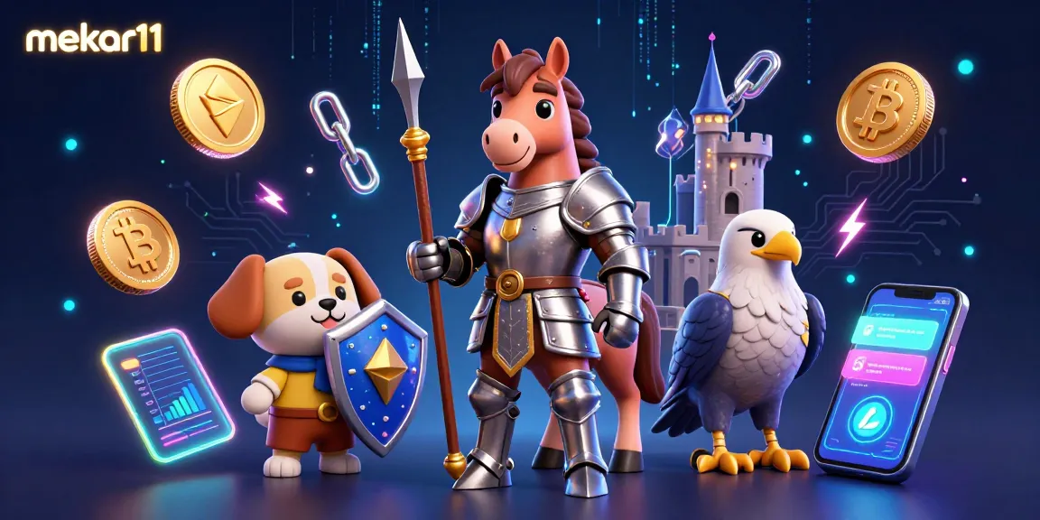 Engage with mekar11's vibrant 3D illustrated casino scene filled with crypto elements and medieval characters.