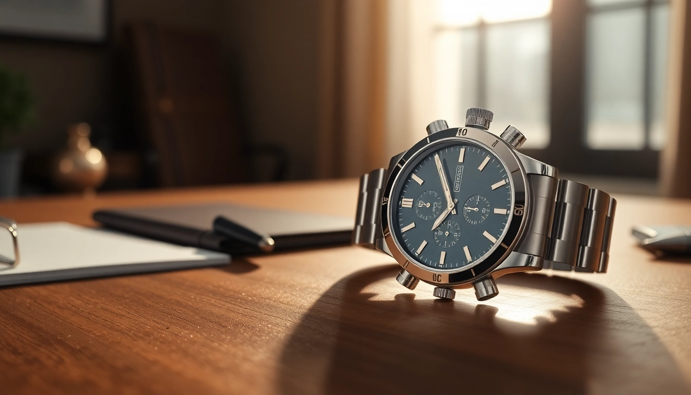 Showcase a replica watch with detailed craftsmanship on a wooden table, emphasizing luxury and elegance.