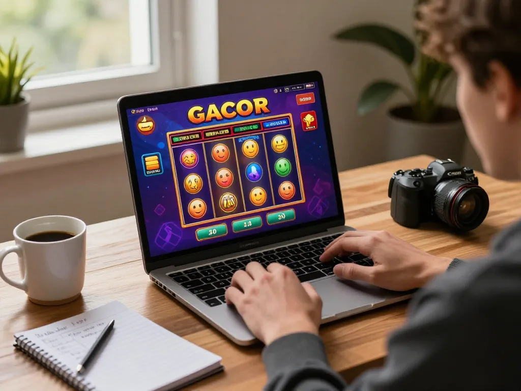 Engaging in slot gacor gameplay on a laptop, showcasing colorful reels and strategy notes, promoting responsible gaming.