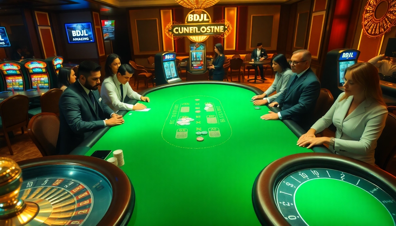 BDJL players enjoying a thrilling game at a luxurious casino table packed with chips.