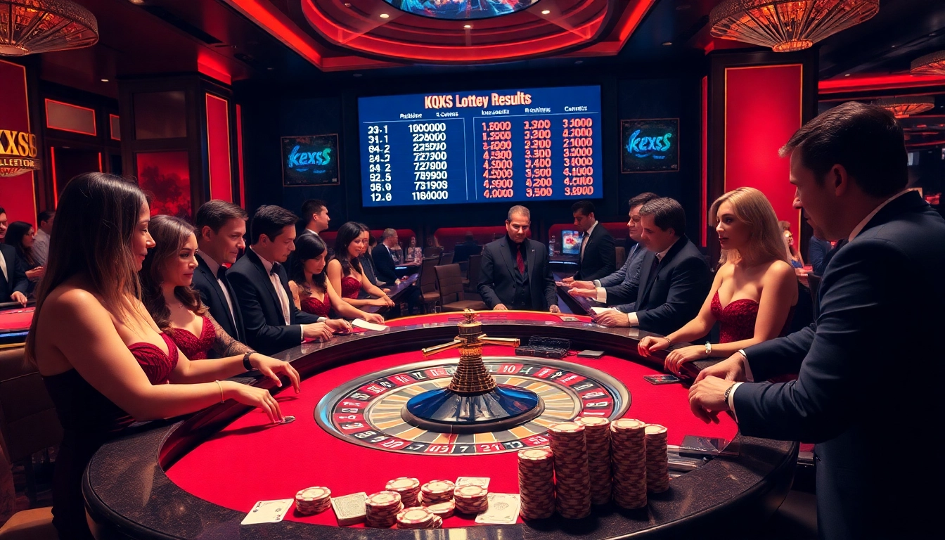 Thrilling KQXS casino gaming scene with roulette table, chips, and players in action.