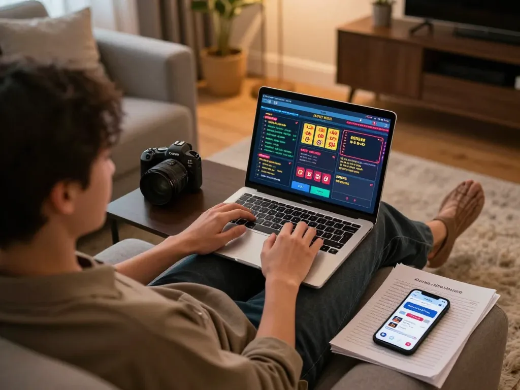 Lô đề online player enjoying strategic bets at home with laptop and notes.