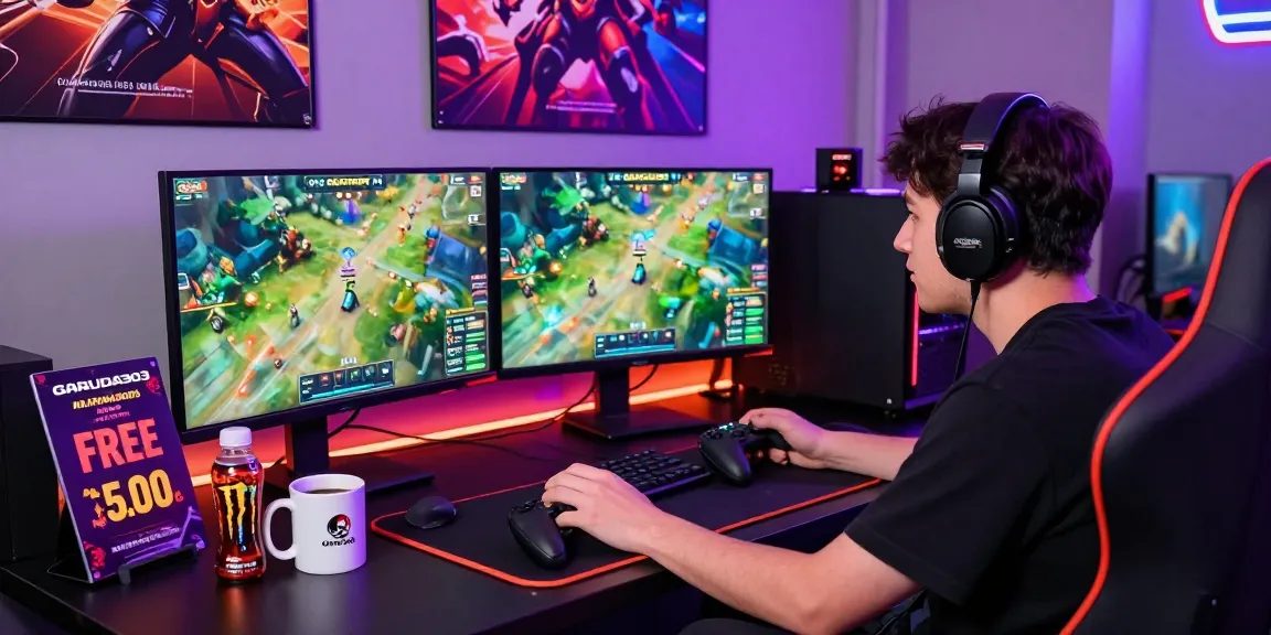 Player enjoying GARUDA303 gaming experience with vibrant accessories and dual monitors.