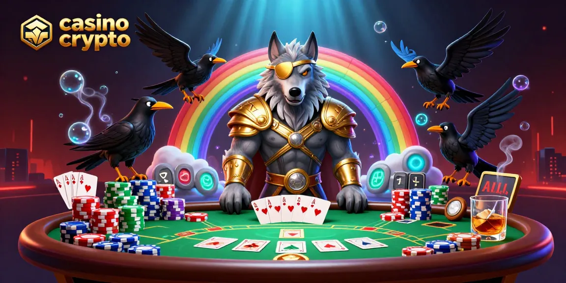 Jeu de casino crypto dynamique mettant en scène un loup Odin et ses corbeaux, entourés d'une ambiance de poker.