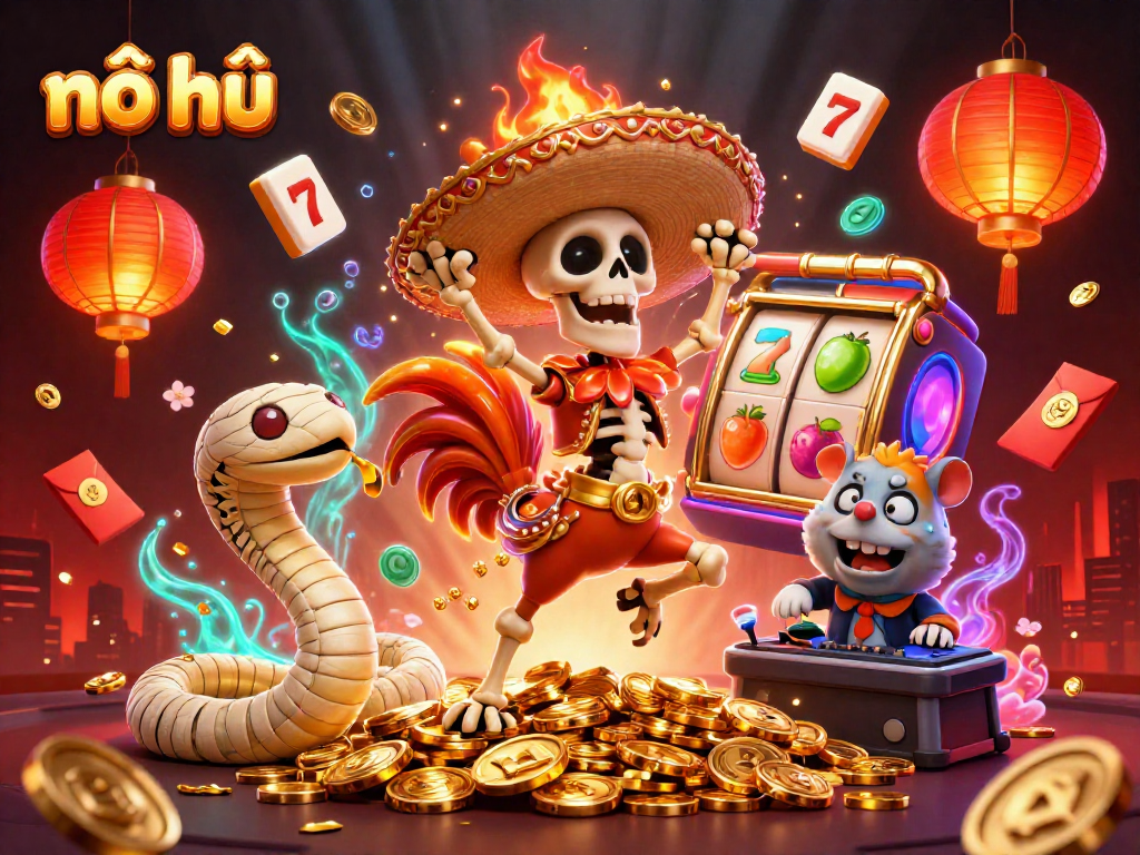 Experience thrilling nổ hũ gameplay with a vibrant casino scene showcasing jackpot elements and festive characters.