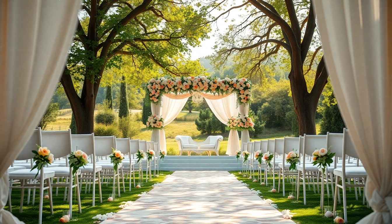 Stunning outdoor Weddings Venue with lush greenery and elegant floral decorations set for a ceremony.