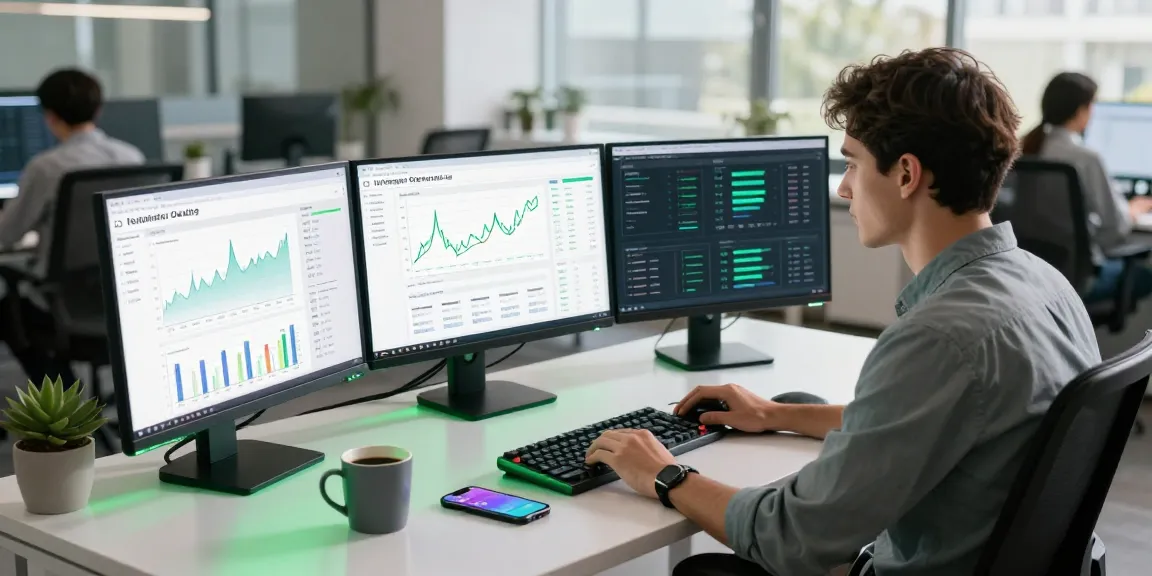 SEO specialist focused on LLG link indexing in a modern workspace with data analytics displays.