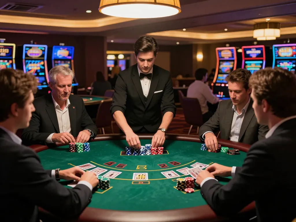 Players at a TG88 blackjack table strategizing bets with colorful chips and dealer shuffling cards