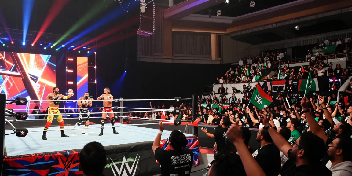 WWE Saudi Arabia event showcasing energetic fans and thrilling wrestling action in a modern stadium.