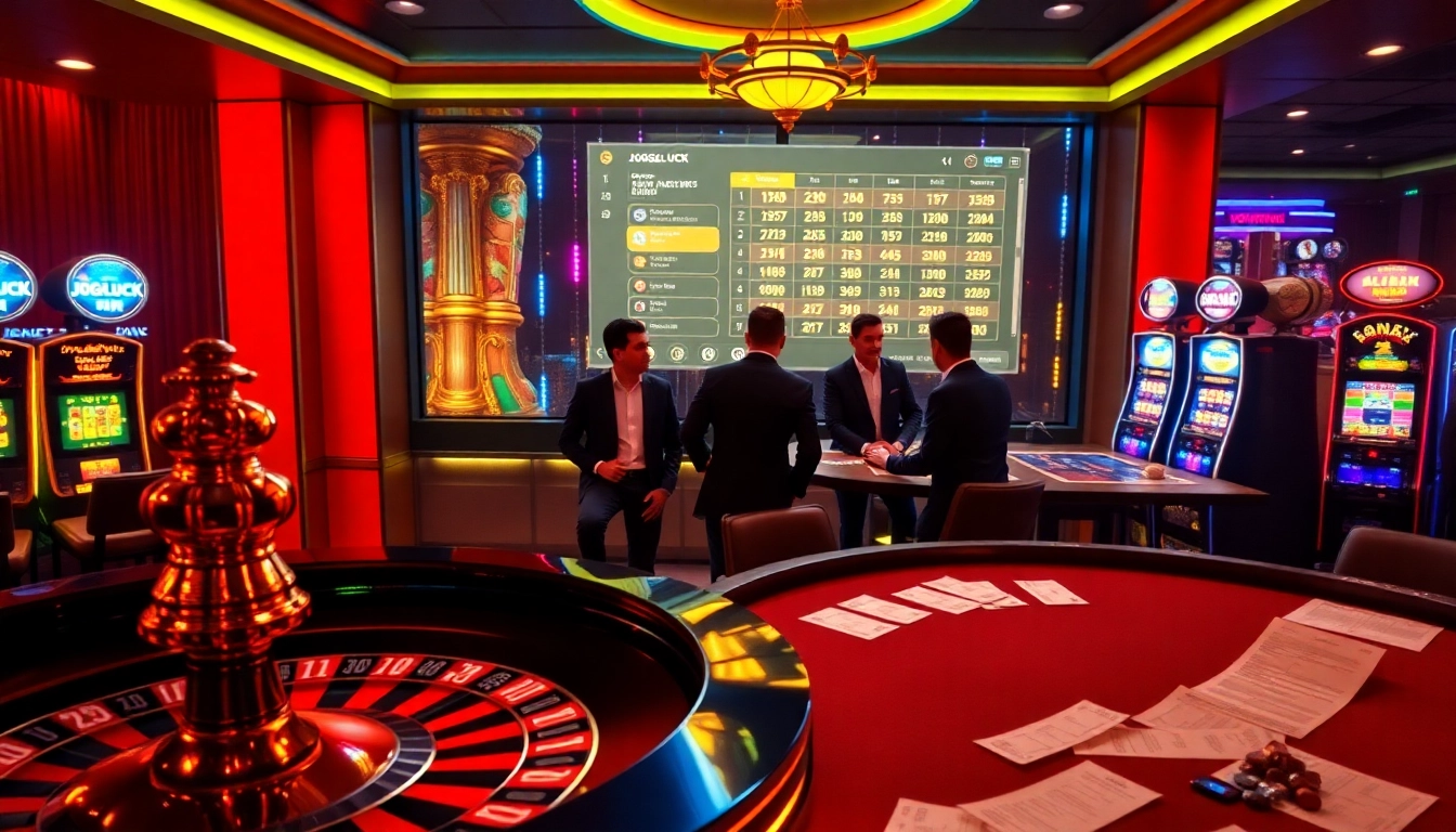 Experience the exhilarating atmosphere of JOGOLUCK with high-stakes gambling tables and vibrant slot machines.