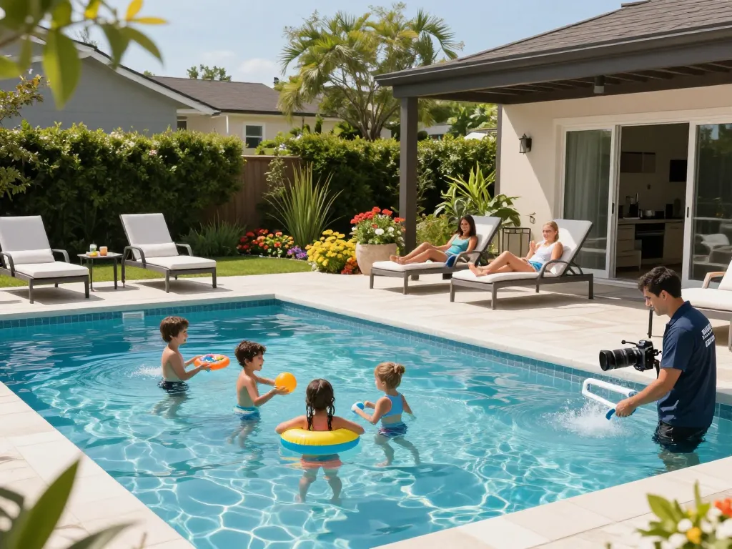 Dolphin Pool Services enhancing family enjoyment with a vibrant poolside ambiance, showcasing professional service.