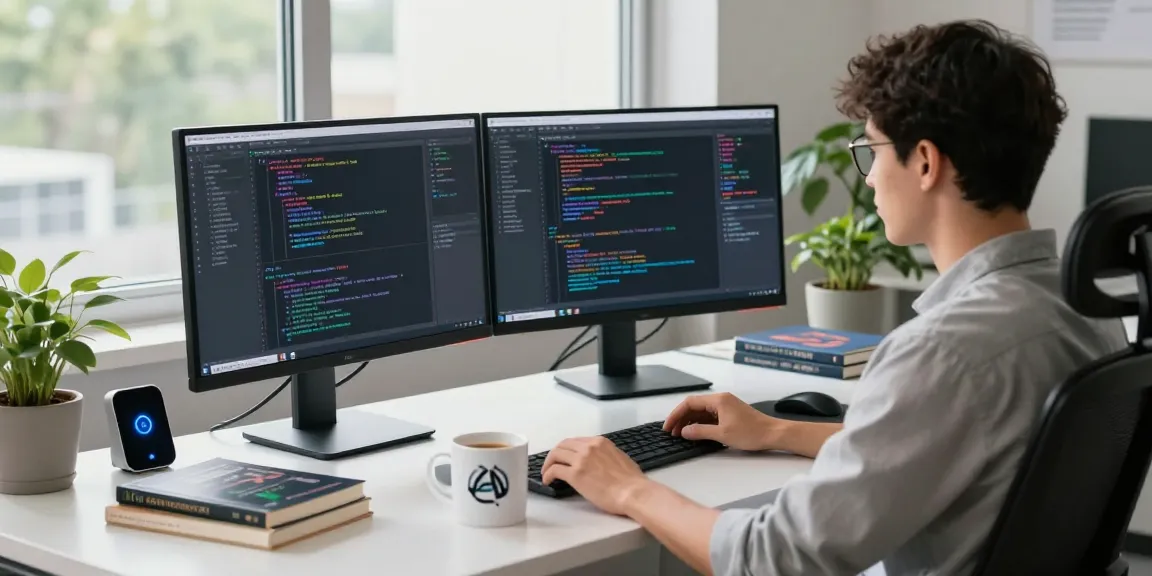 Innovative workspace with an AI developer using openclaw ai skills on dual monitors, enhancing productivity.