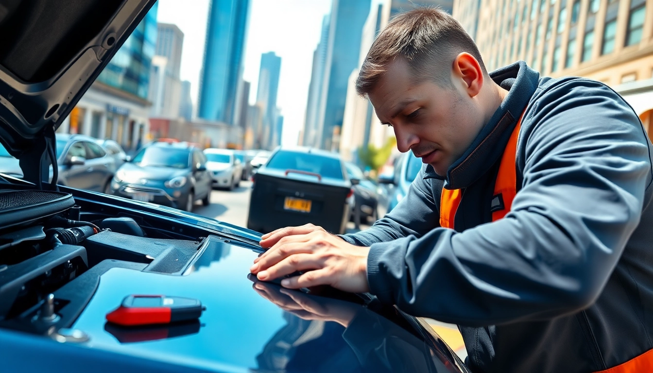Technician performing mobile car repair on a vehicle in an urban setting with tools and safety gear.