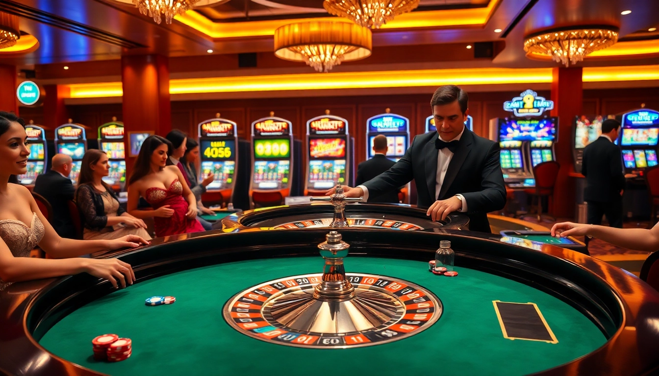 Experience the excitement of luxury gambling at nk88.luxury roulette table with glamorous players.