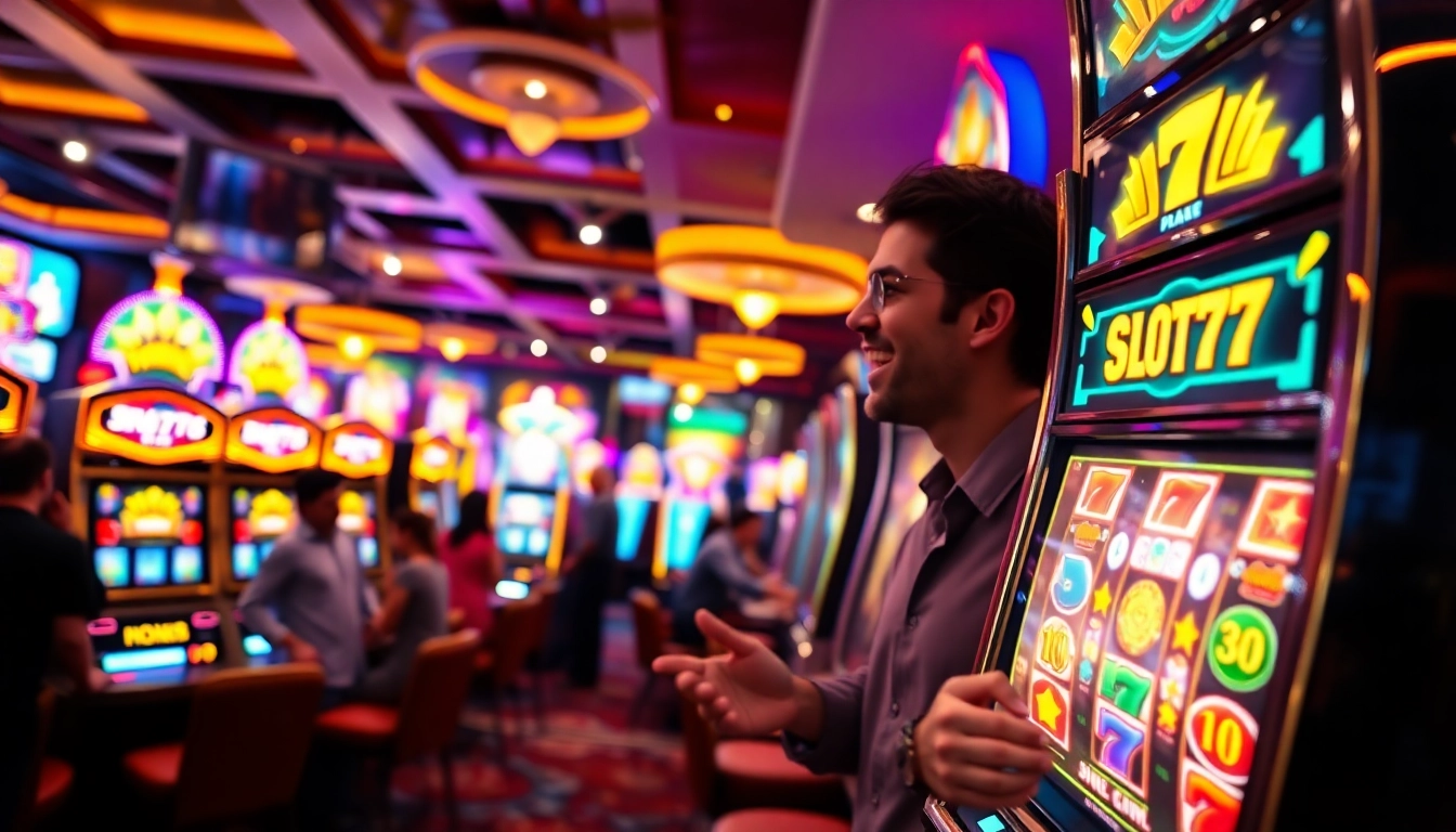 Menang di slot777 dengan mesin slot yang berwarna-warni dan suasana kasino yang meriah.