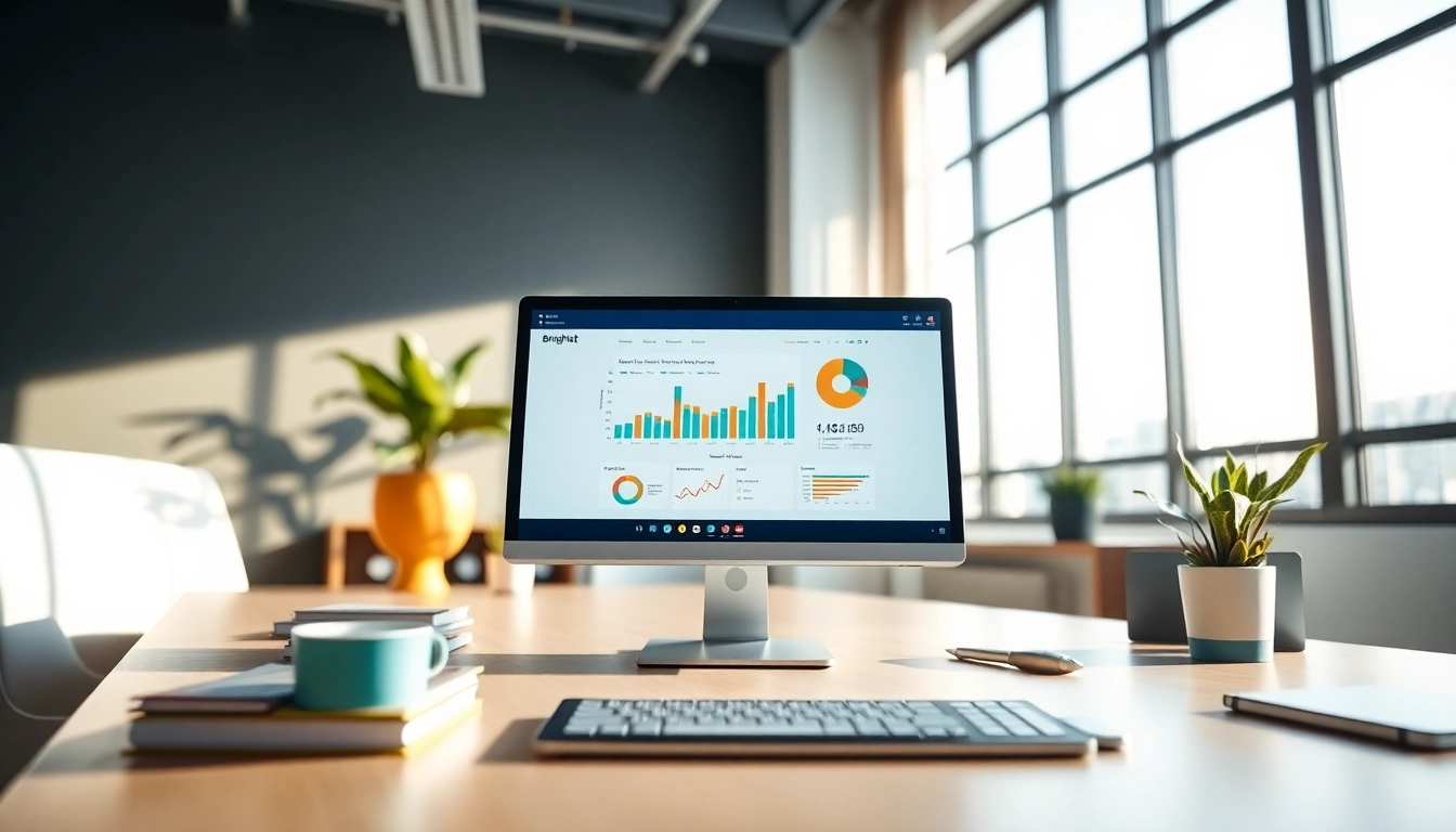 Showcasing Brightet technology in a vibrant, modern workspace with devices and analytics.