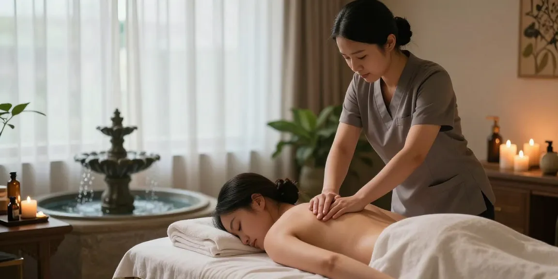 마사지 치료를 받는 고객과 전문 마사지사, 아늑한 스파 환경에서의 편안한 모습