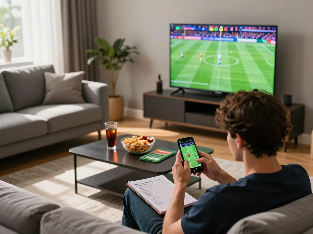 Player at home using smartphone for sports betting on 678vip in a cozy setting.