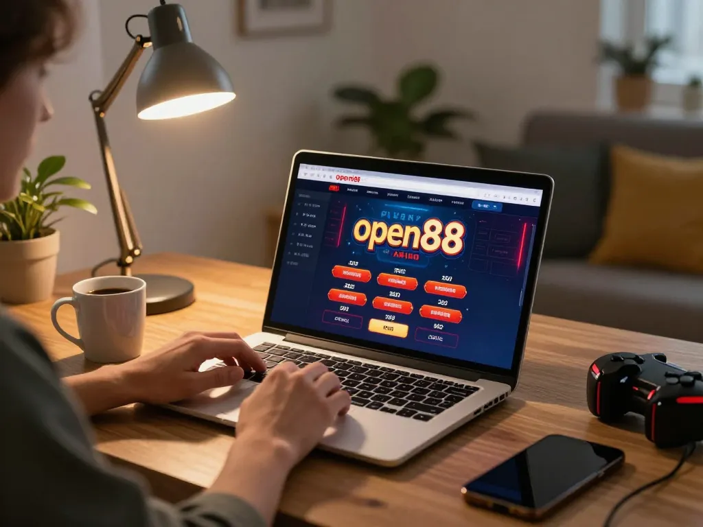 Engaging in exciting online gaming at open88 with a sleek laptop in a cozy home setting.