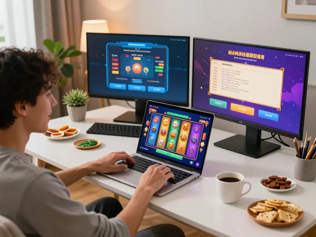 Player engaging with a mahjong slot game on a laptop, surrounded by gaming decor and snacks.