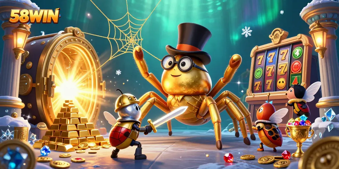 Experience thrilling wins at 58WIN with a bold golden tarantula and treasure elements.