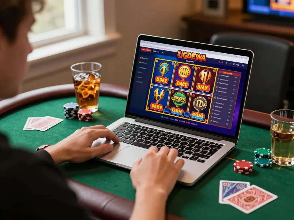 Engaging with UGDEWA online casino gameplay on a laptop amid a cozy home setting.