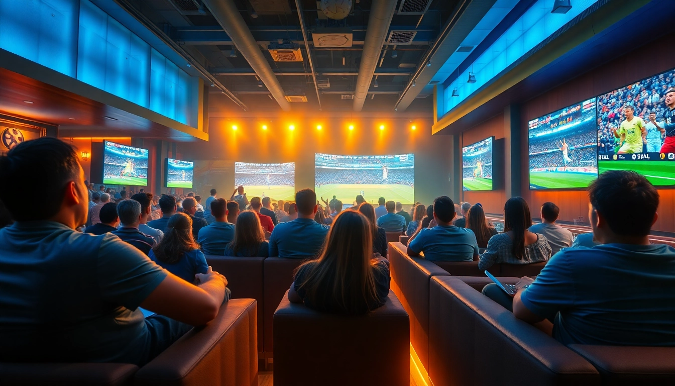 Excited fans watching live sports on high-definition screens at 토토티비 lounge