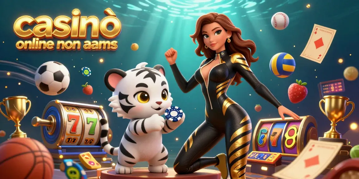 Immergiti nel mondo emozionante dei casinò online non aams con una donna in tuta attillata e una tigre giocosa circondata da elementi di gioco.