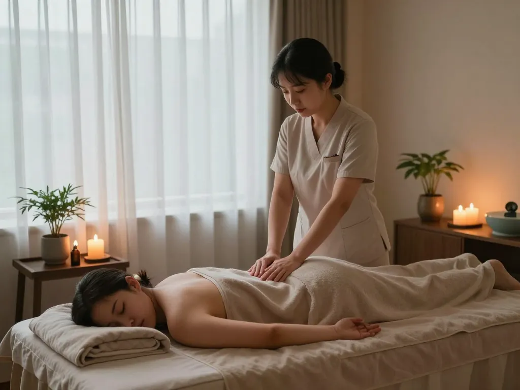 Relaxing 신사동마사지 session in a tranquil therapy room with soft lighting and calming decor.
