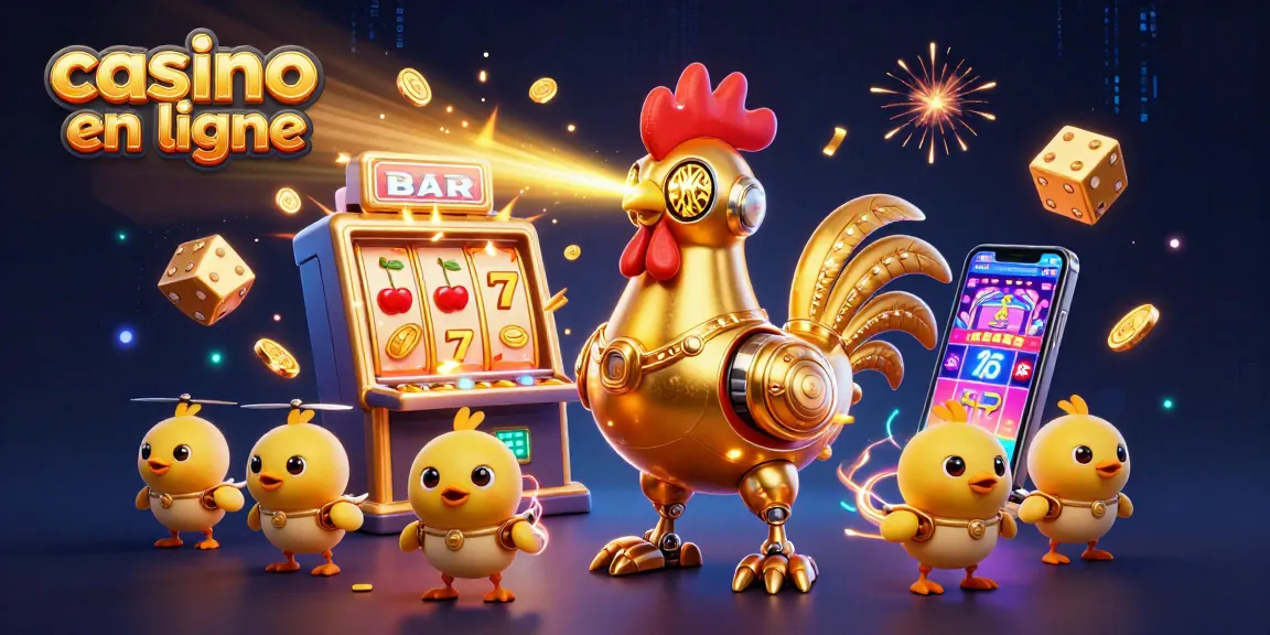 Profitez des jeux de casino en ligne avec le robot coq doré et ses drones dans une ambiance festive.