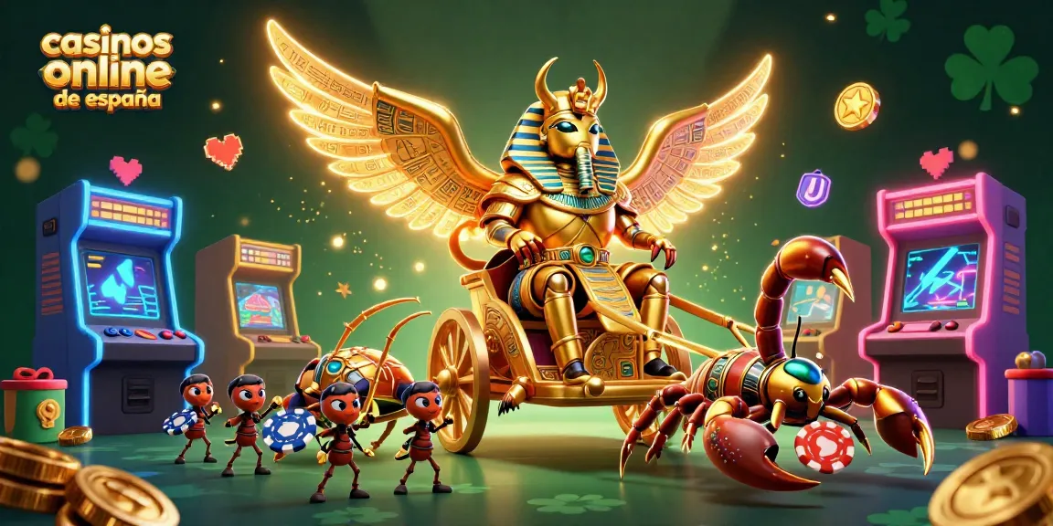 La escena muestra personajes vibrantes en un casino online de España con elementos de juego y premios brillantes.
