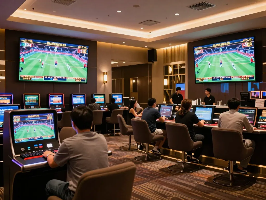 Excited players engaging in live sports betting at BK8 casino with vibrant screens showing ongoing events