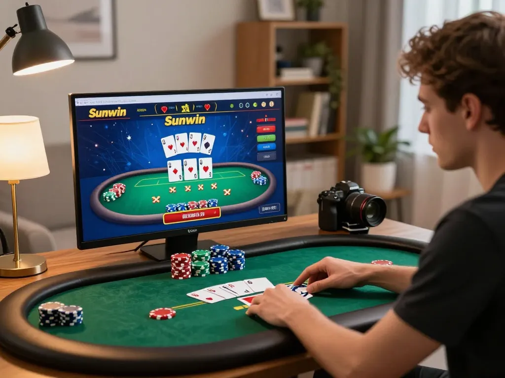 Player strategizing at Sunwin online casino poker interface with warm home office ambiance