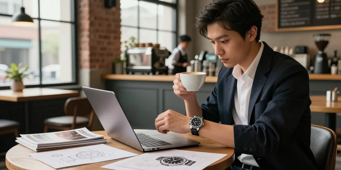 Young professional showcasing a stylish replica watch in a modern café.