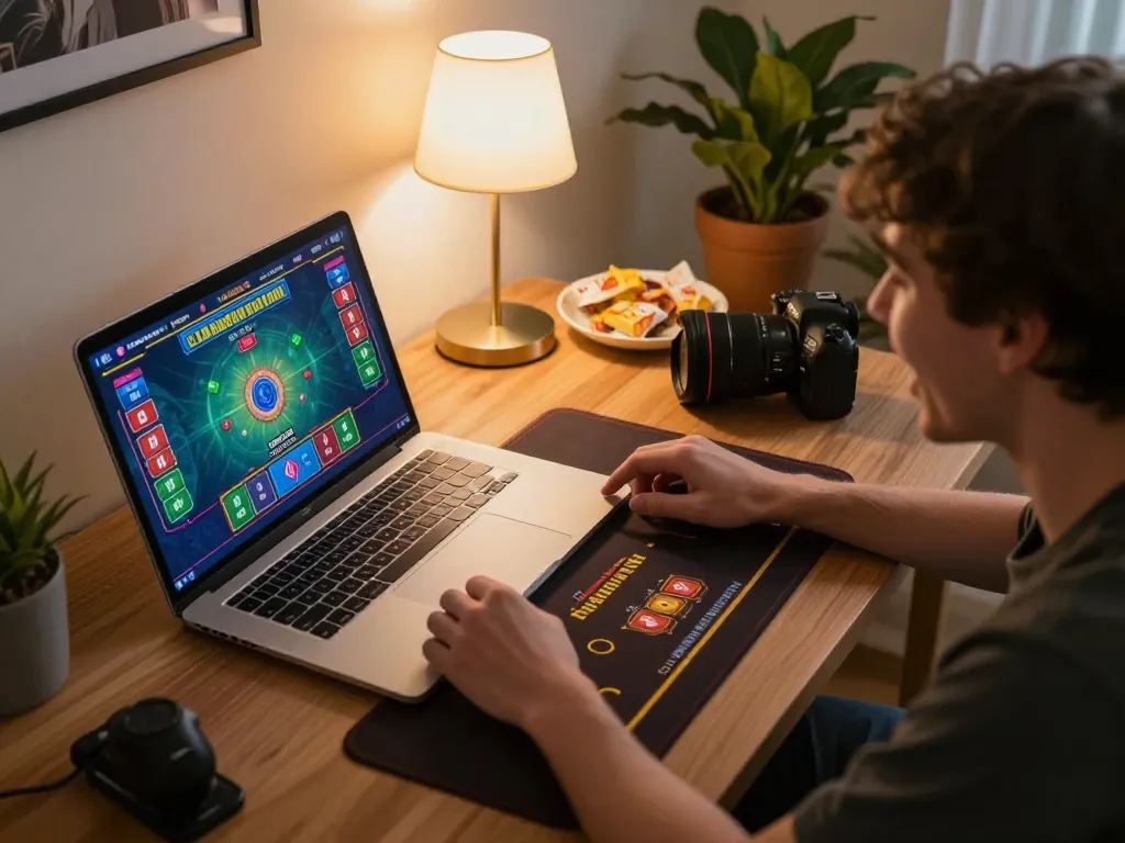 Player engaging in online gambling at home with LGOLUX game interface displayed