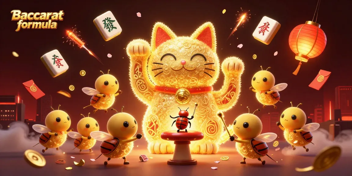 Baccarat formula art featuring a lucky cat formed by golden fireflies amidst vibrant casino elements.