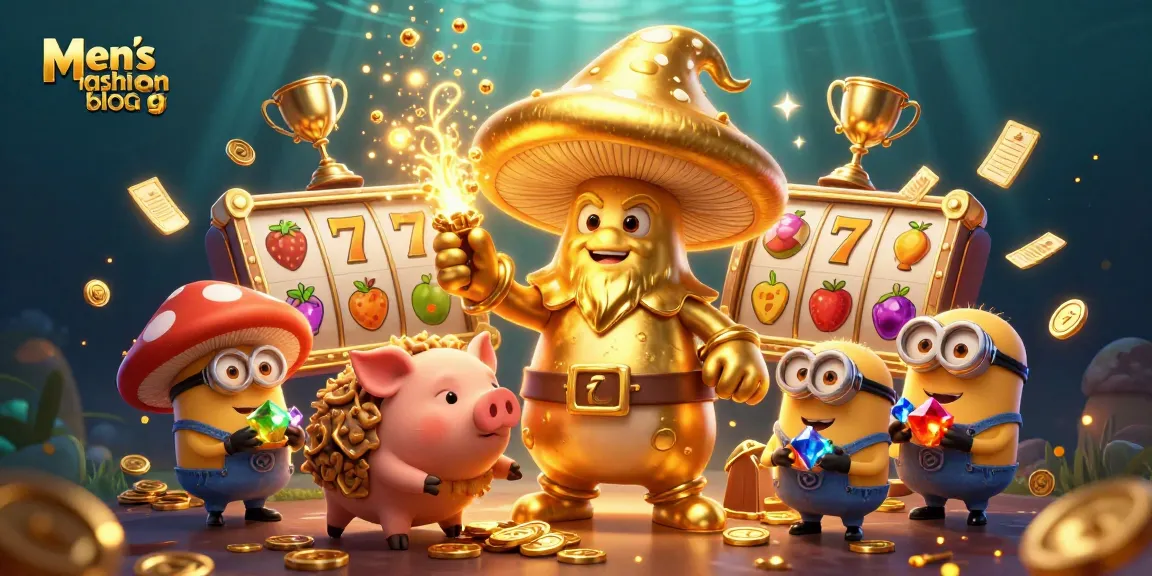 Men’s fashion blog showcases a vibrant scene of a magical golden casino, with dynamic slot reels and sparkling elements.