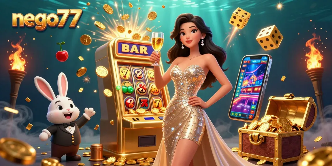 Nego77 celebrates with a jackpot explosion next to a glamorous woman and a cartoon bunny croupier.
