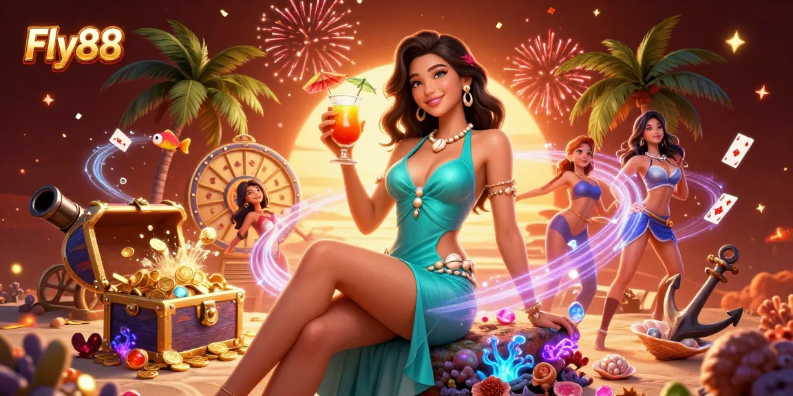 Experience excitement with Fly88 in a vibrant 3D casino scene filled with treasures and games.