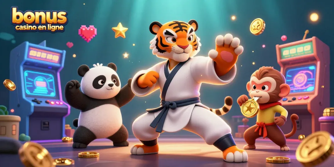 Bonus casino en ligne et ses différentes promotions illustrées par des personnages animés, machines à sous, et éléments ludiques.