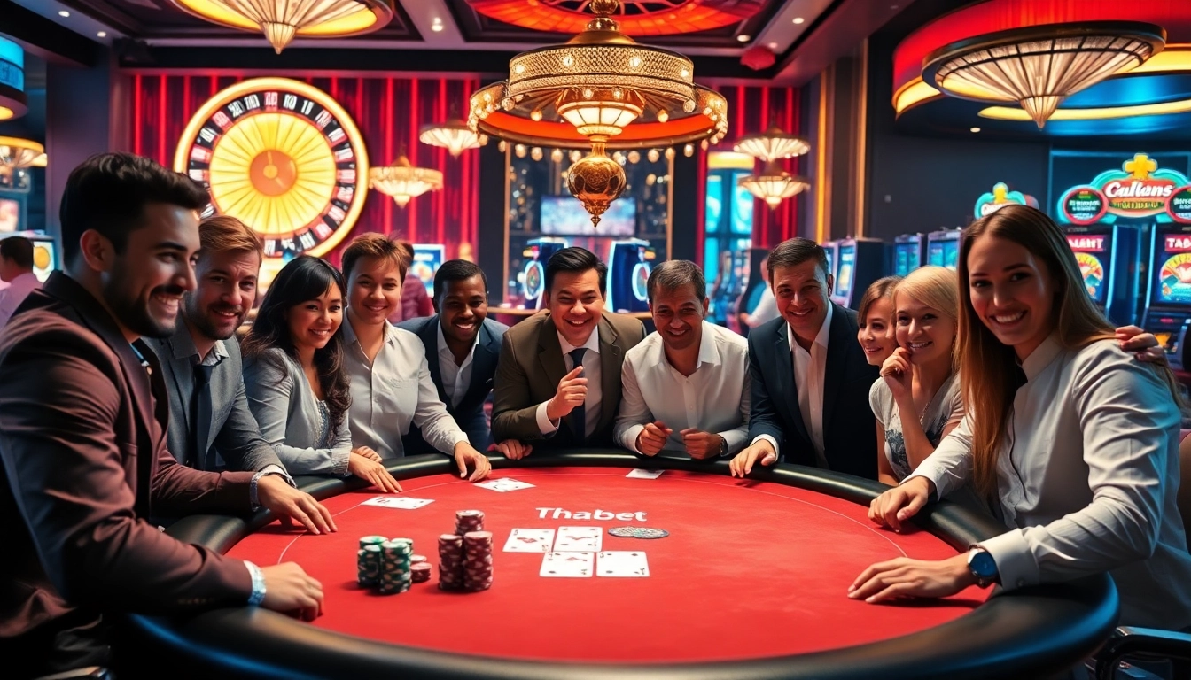 Experience the thrill of gambling at thabet with a lively poker table and engaged players.