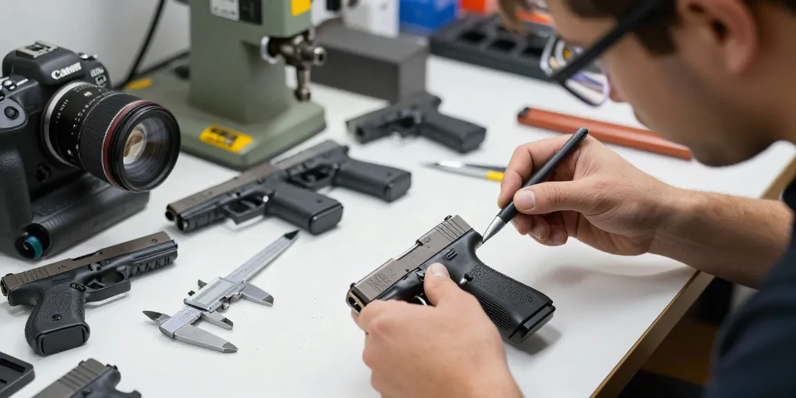 Custom Glock slides from https://precisionglockslides.com displayed in a well-lit workshop with tools and performance enhancements