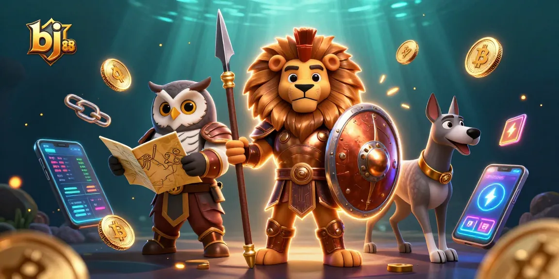 Experience thrilling betting action at bj 88, featuring a vibrant 3D illustration of a Spartan lion, wise owl, and agile greyhound.