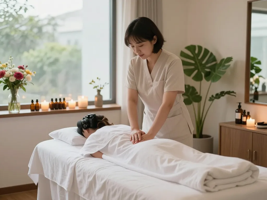 Relaxing treatment room for 잠실스웨디시 massage, featuring plush linens, essential oils, and a serene atmosphere.