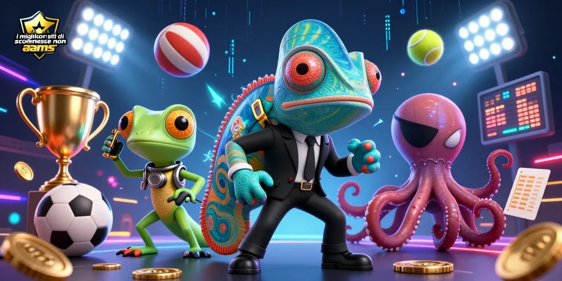 Giocare i migliori siti di scommesse non aams con un camaleonte e un gecko tra palloni sportivi e trofei dorati.